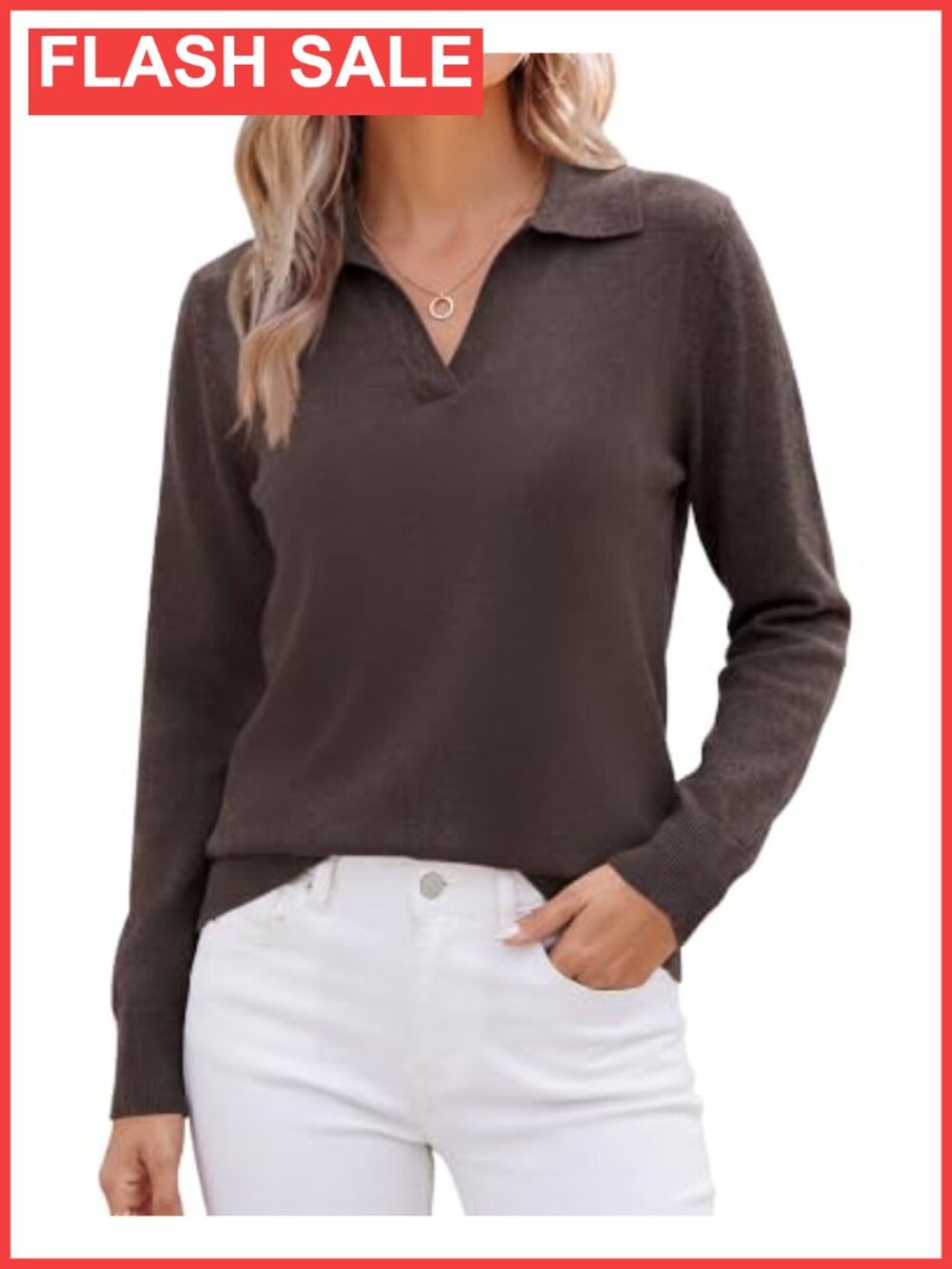 Women's Polo Sweater Pullover V Neck Collared Knit Long Sleeve Business Casual